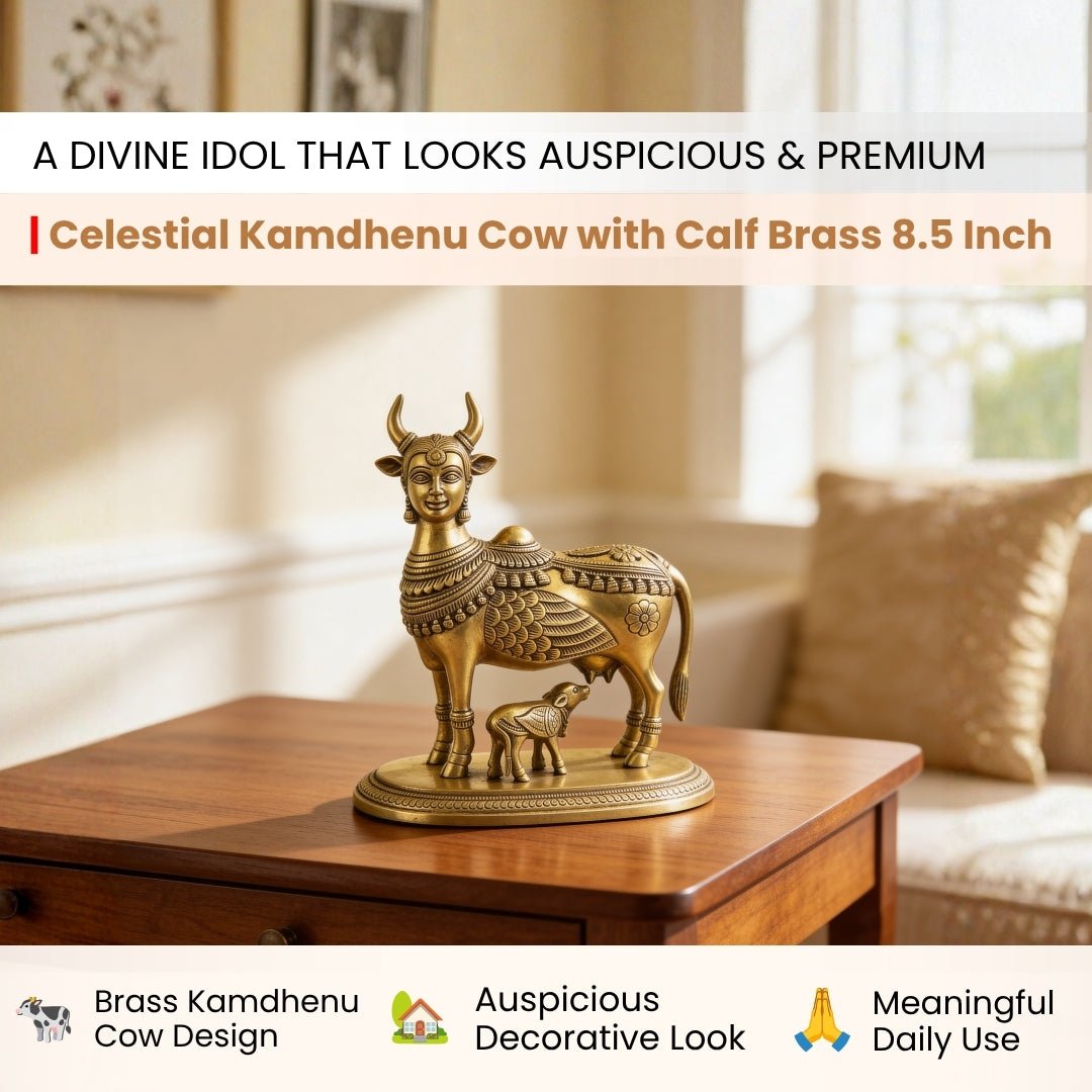 Premium Brass Celestial Kamdhenu Cow 9 x 7.5" Vastu Product Home - plusvalueindia