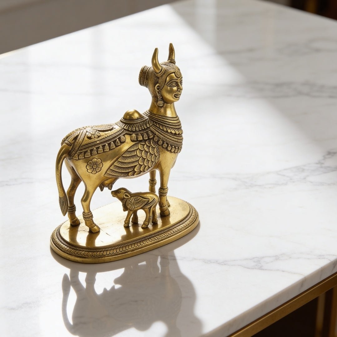 Premium Brass Celestial Kamdhenu Cow 9 x 7.5" Vastu Product Home - plusvalueindia