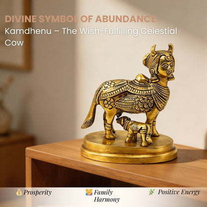 Celestial Kamdhenu Cow with Calf in Brass – Vastu Remedy for Prosperity and Harmony - plusvalueindia