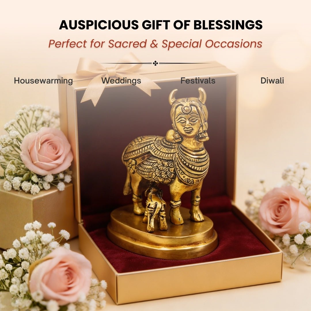 Celestial Kamdhenu Cow with Calf in Brass – Vastu Remedy for Prosperity and Harmony - plusvalueindia