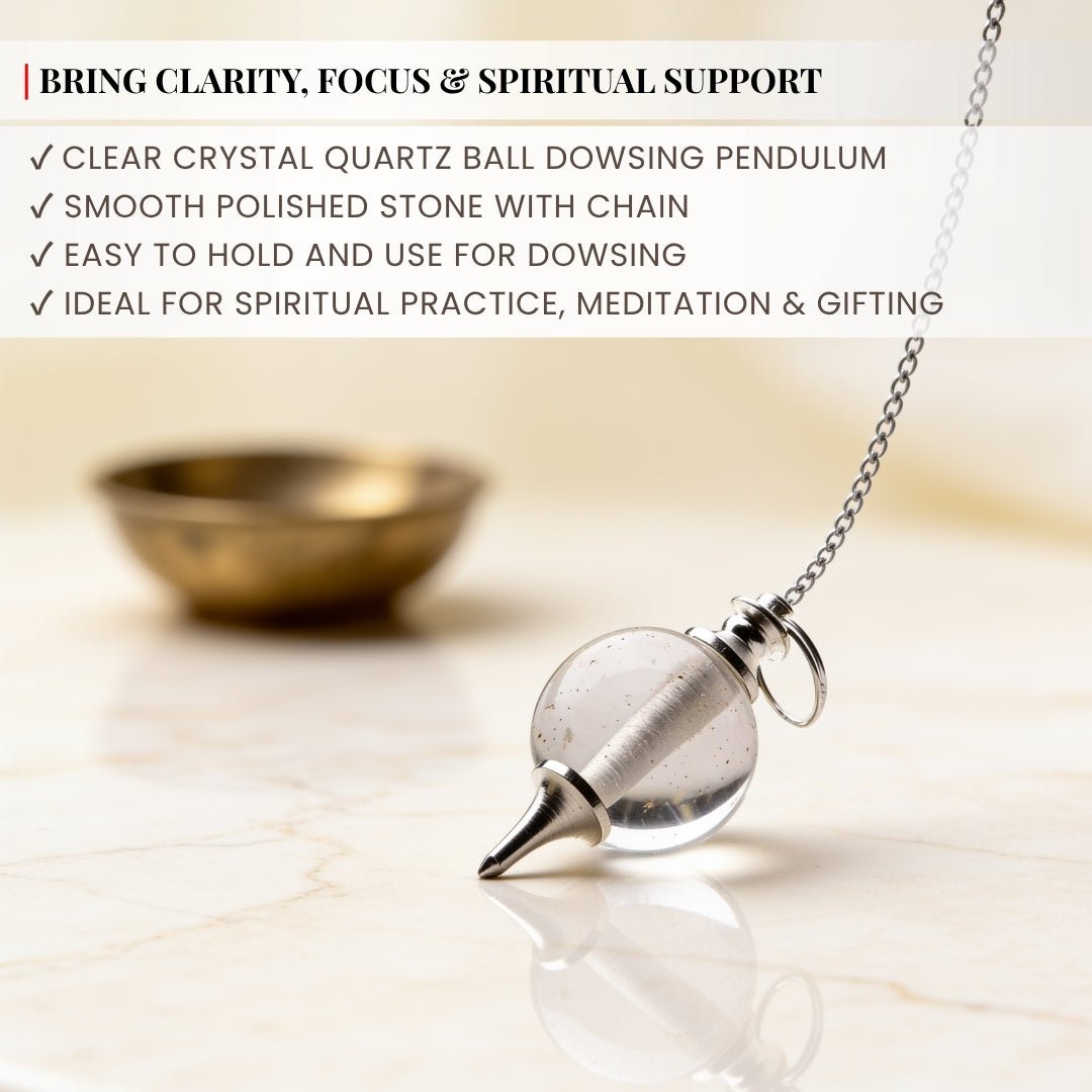 Clear Crystal Quartz Ball Dowsing Pendulum With Free 4 Dowsing Charts and Jute Bag - plusvalueindia