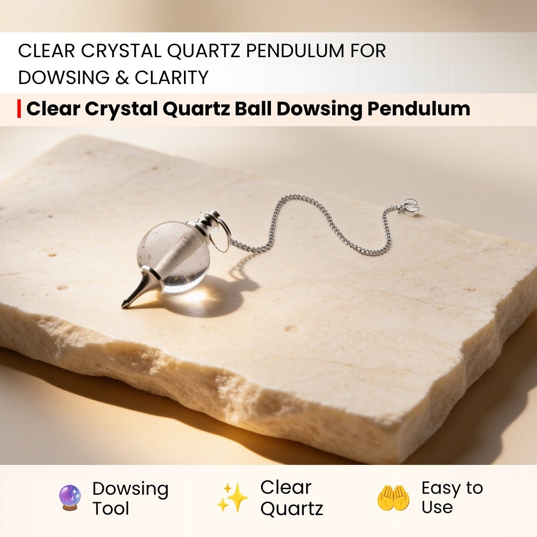Clear Crystal Quartz Ball Dowsing Pendulum With Free 4 Dowsing Charts and Jute Bag - plusvalueindia