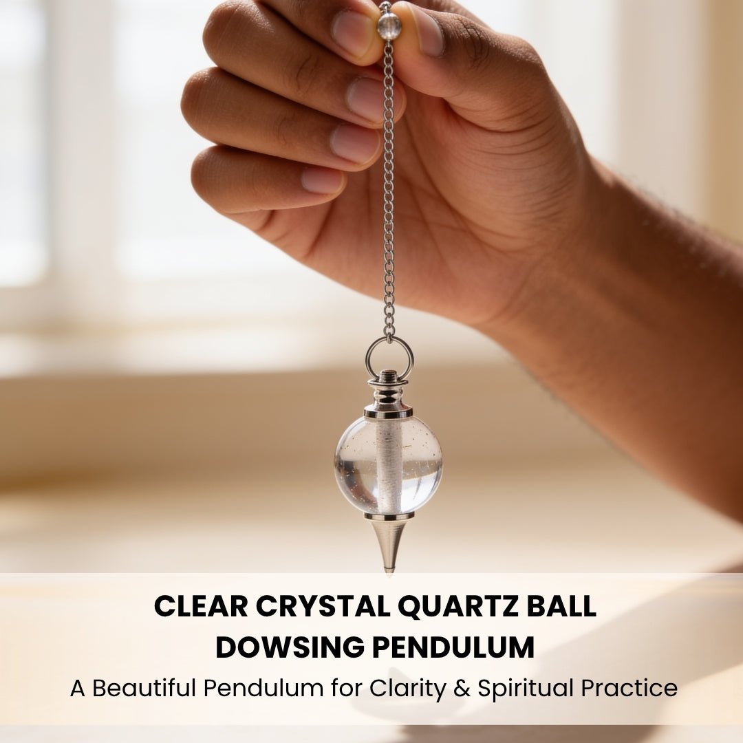 Clear Crystal Quartz Ball Dowsing Pendulum With Free 4 Dowsing Charts and Jute Bag - plusvalueindia