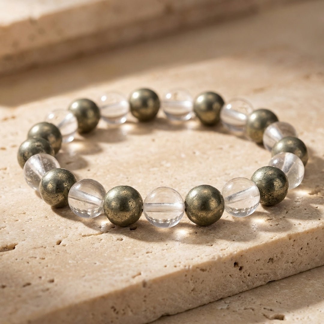 Combined Pyrite and Crystal Quartz Bracelet Multiple Benefits - A Money Magnets, Positivity, Prosperity - plusvalueindia