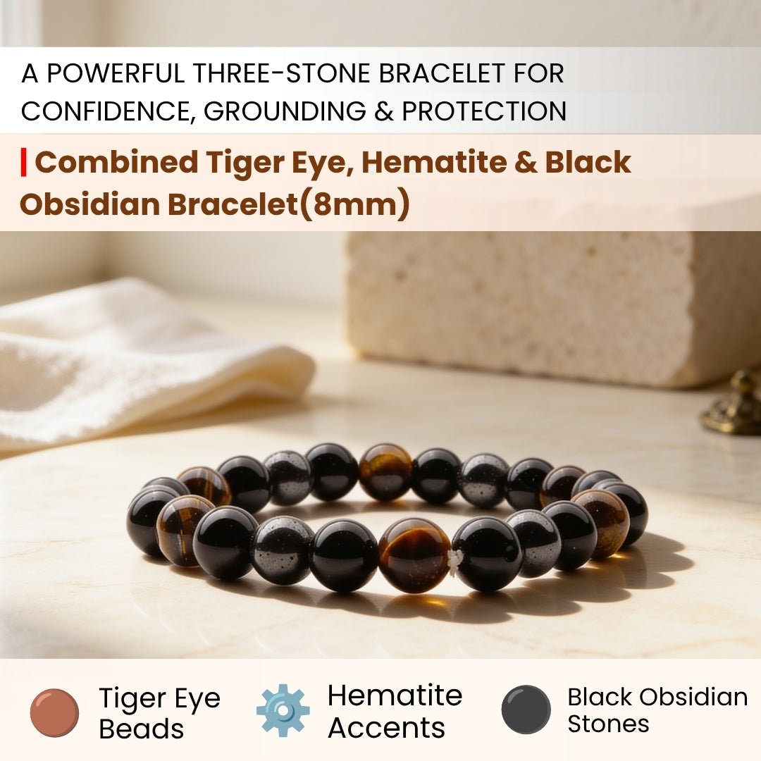 close-up of Tiger Eye beads in the three-stone bracelet