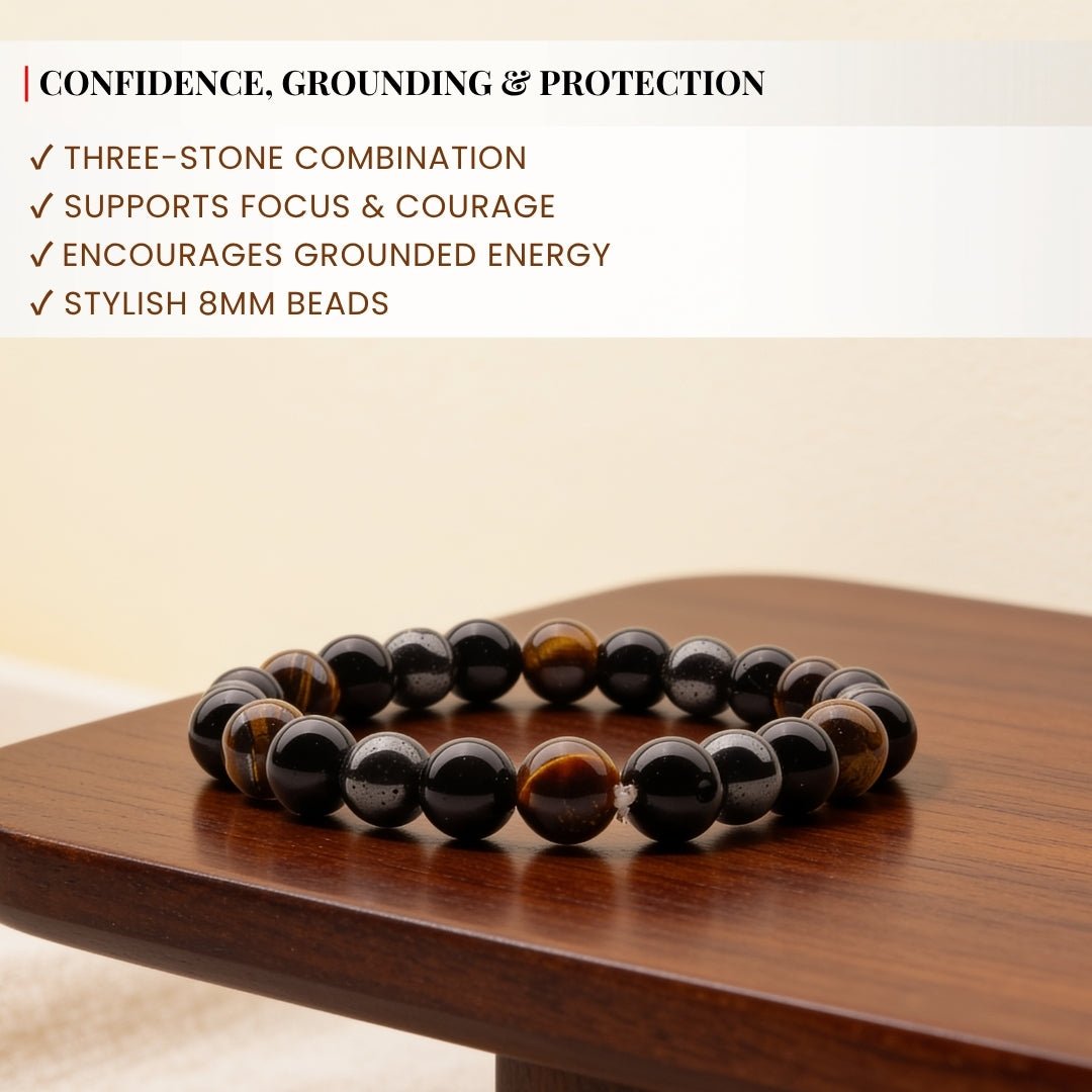 close-up of Black Obsidian beads in the mixed-stone bracelet
