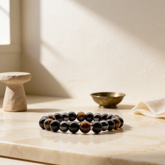 8 mm Tiger Eye, Hematite and Black Obsidian bead bracelet