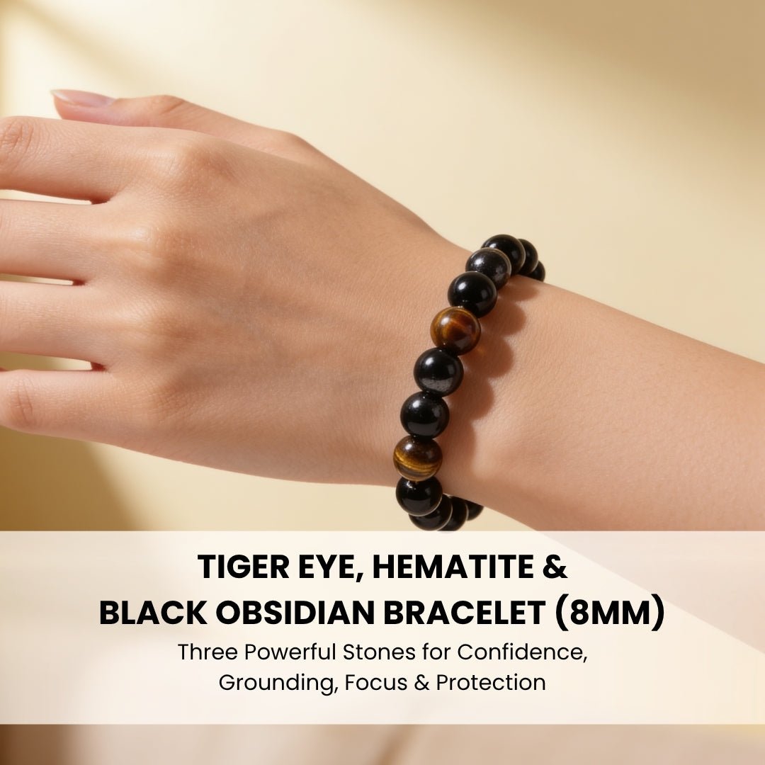 combined Tiger Eye, Hematite and Black Obsidian bracelet with 8 mm beads