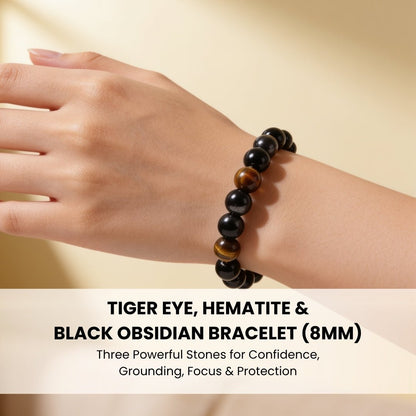 combined Tiger Eye, Hematite and Black Obsidian bracelet with 8 mm beads