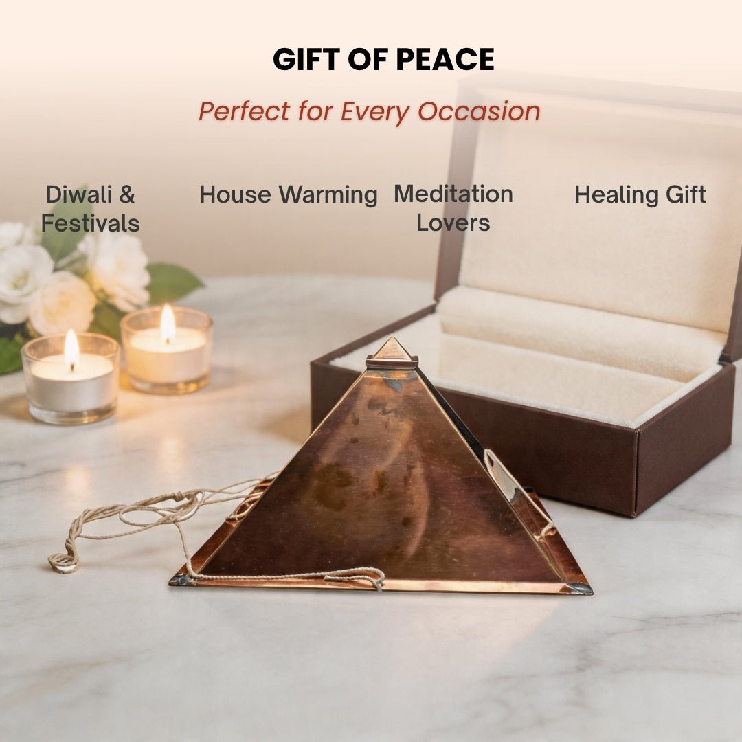 Copper Meditation Pyramid Wall Hanging for Vastu - Positive Energy & Calm Mind for Home & Office - plusvalueindia