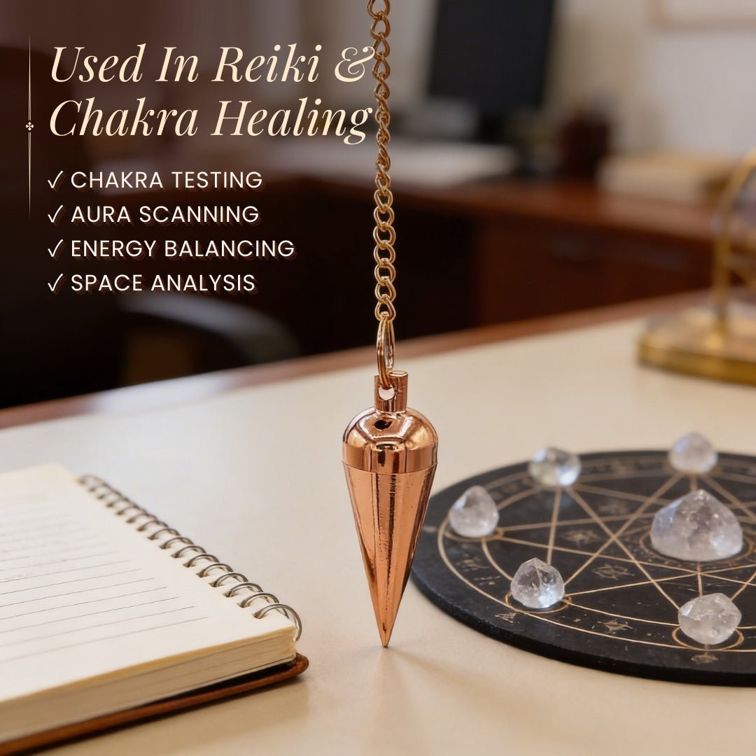 Copper Plated Dowsing Pendulum With Free 4 Dowsing Charts & Jute Bag - plusvalueindia