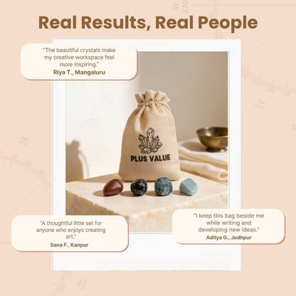 Fabric drawstring storage pouch with artistic crystal set packed ready for travel
