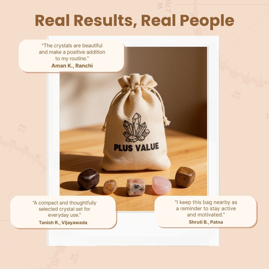 Natural fabric drawstring pouch with anti-fatigue crystal stones packed for daily use