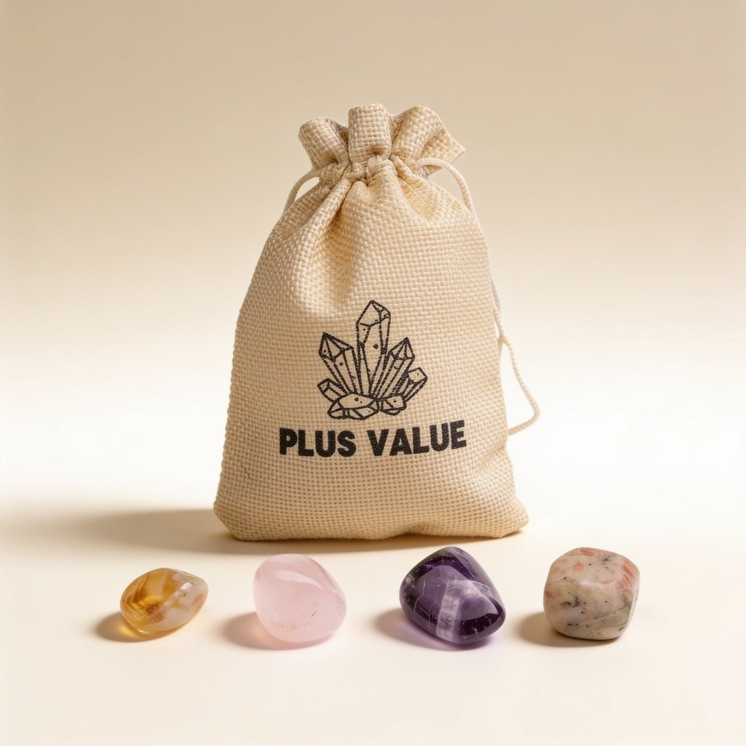 Happiness pocket crystal bag set with uplifting stones and drawstring pouch