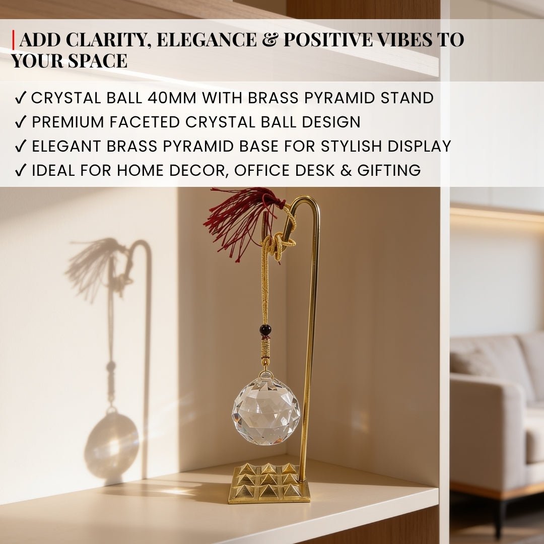 Feng Shui Crystal Ball With Brass Pyramid Stand for Students Education, Memory - plusvalueindia