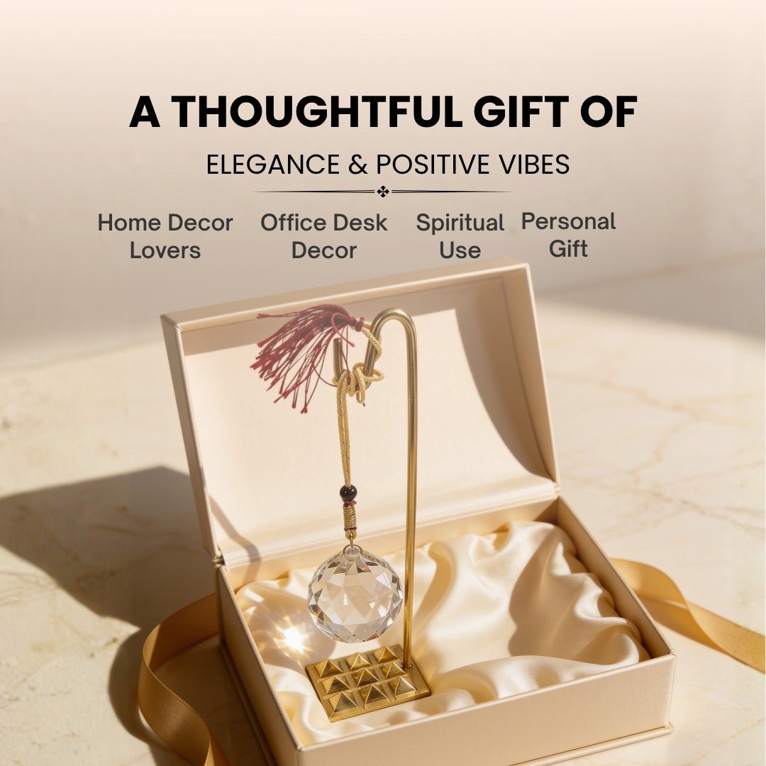 Feng Shui Crystal Ball With Brass Pyramid Stand for Students Education, Memory - plusvalueindia