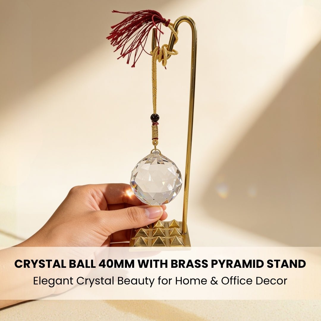 Feng Shui Crystal Ball With Brass Pyramid Stand for Students Education, Memory - plusvalueindia