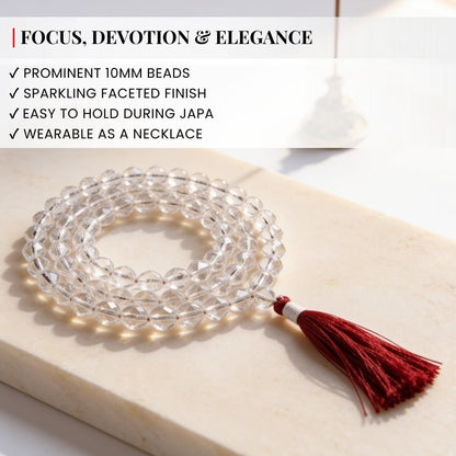 Traditional hand-knotted thread construction between 10 mm crystal beads