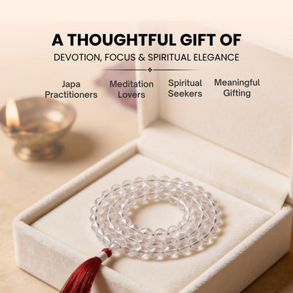 Large 10 mm diamond cut crystal mala held in hand during mantra chanting meditation