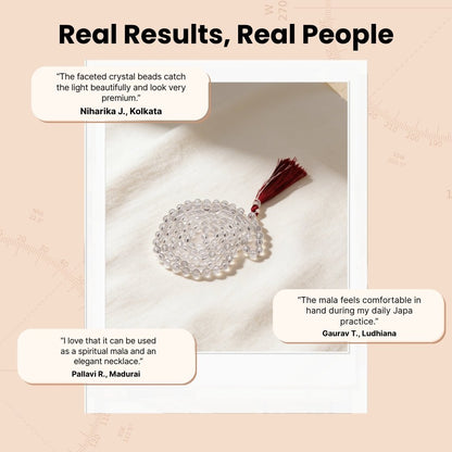 Overhead spiral arrangement of 108 faceted crystal beads beside storage pouch