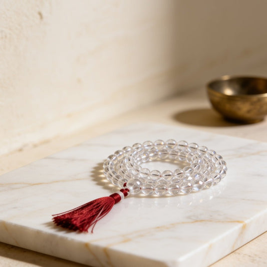 Clear Quartz crystal diamond cut 8 mm japa mala necklace with tassel