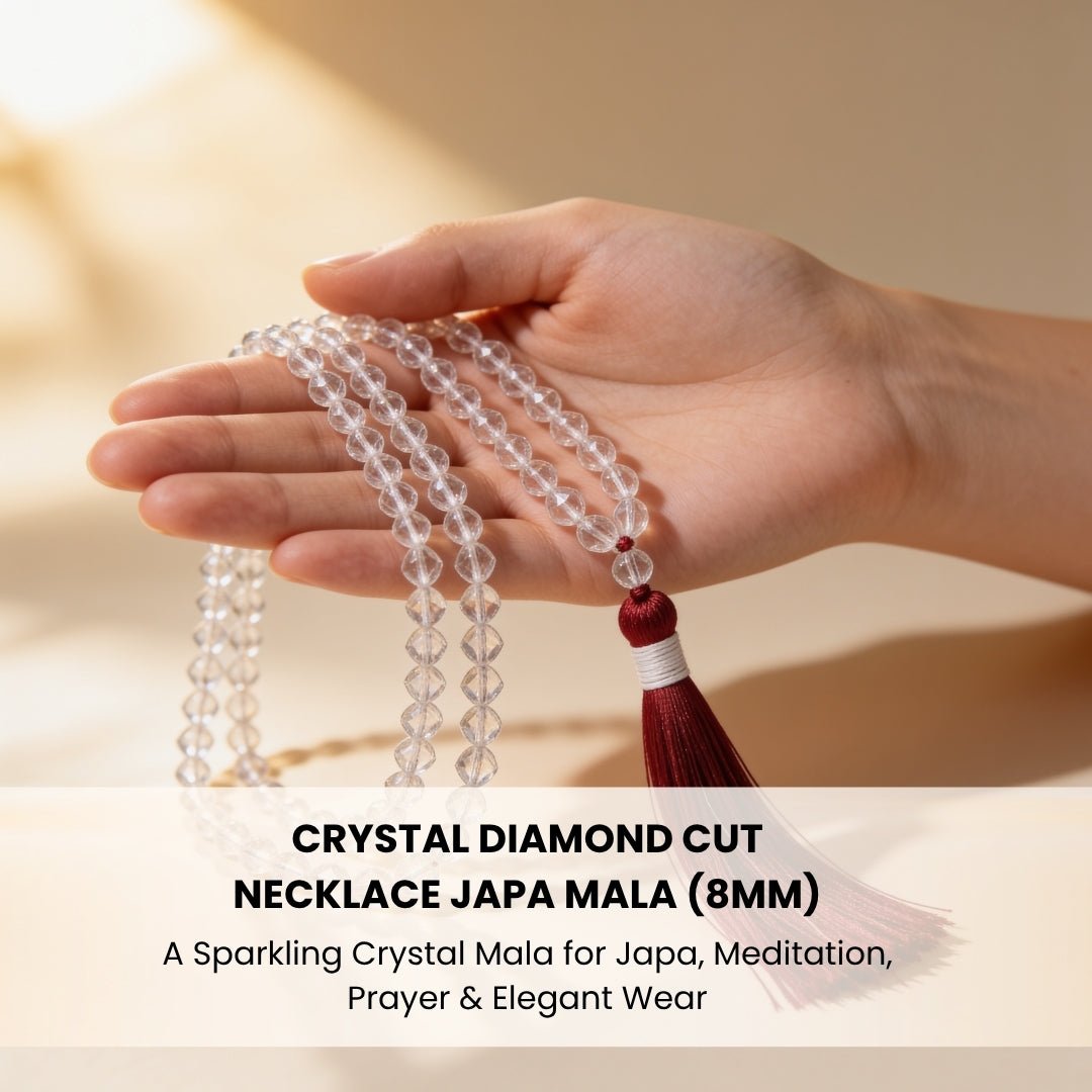 Guru bead and silky white tassel finish on crystal japa mala