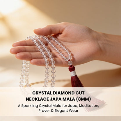 Guru bead and silky white tassel finish on crystal japa mala