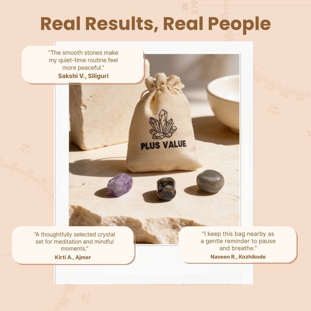 Soft velvet drawstring storage pouch with calming crystal stones packed for daily use