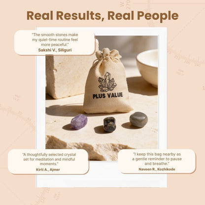 Soft velvet drawstring storage pouch with calming crystal stones packed for daily use