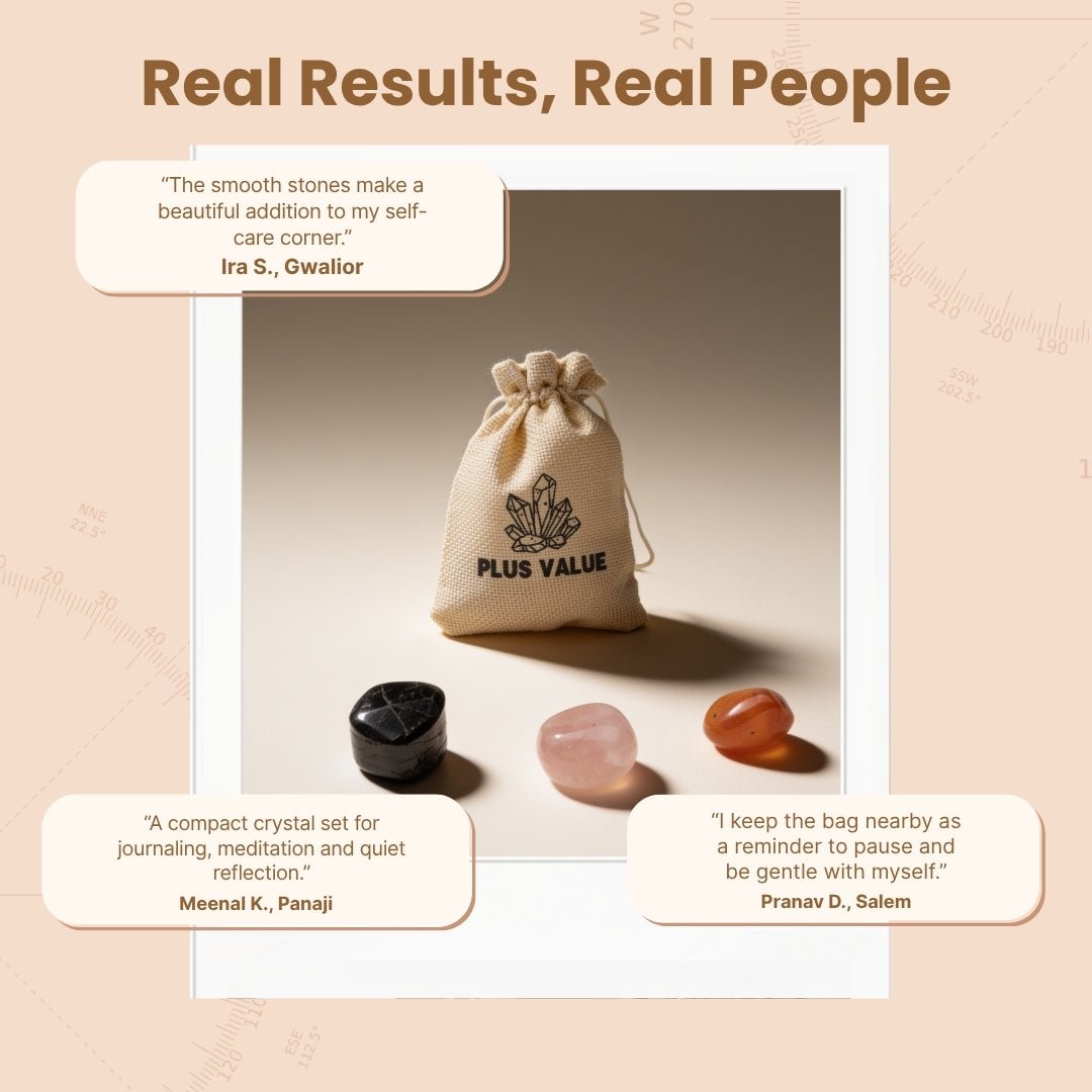 Fabric drawstring pouch with emotional healing crystal stones packed for daily support