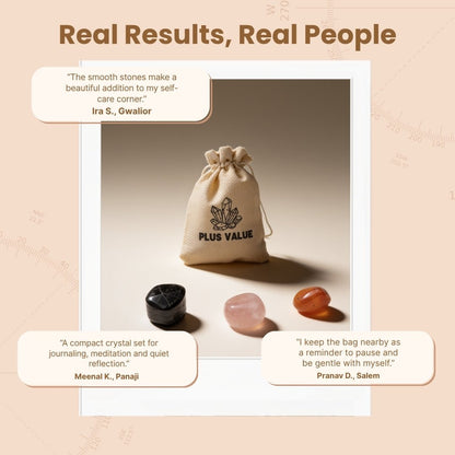 Fabric drawstring pouch with emotional healing crystal stones packed for daily support