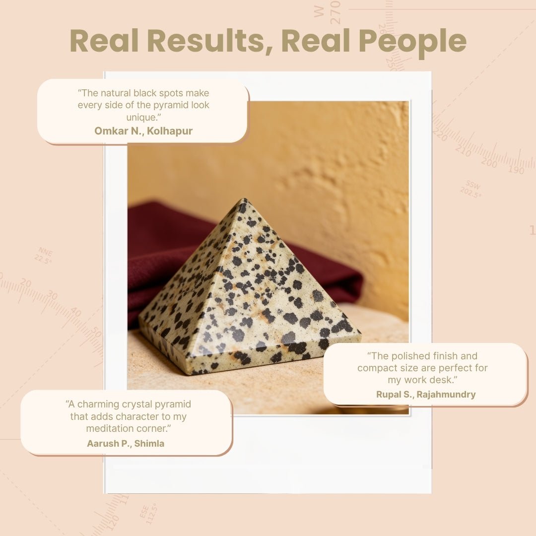 Dalmatian Jasper pyramid highlighting grounding, inner child joy, and protective benefits