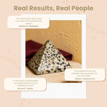 Dalmatian Jasper pyramid highlighting grounding, inner child joy, and protective benefits
