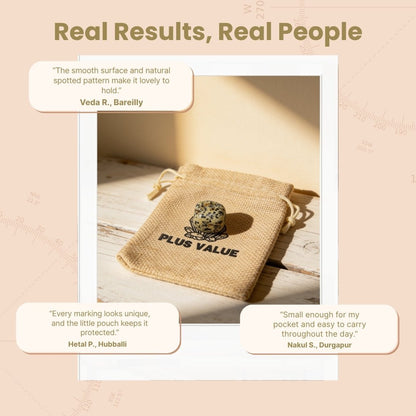 Natural Dalmatian Jasper pocket stone displayed beside protective carry pouch