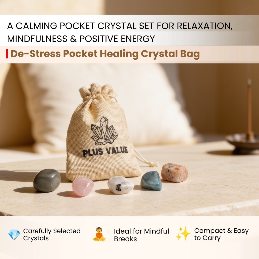 De-stress crystal set featuring Amethyst, Howlite, Lepidolite, and Blue Lace Agate
