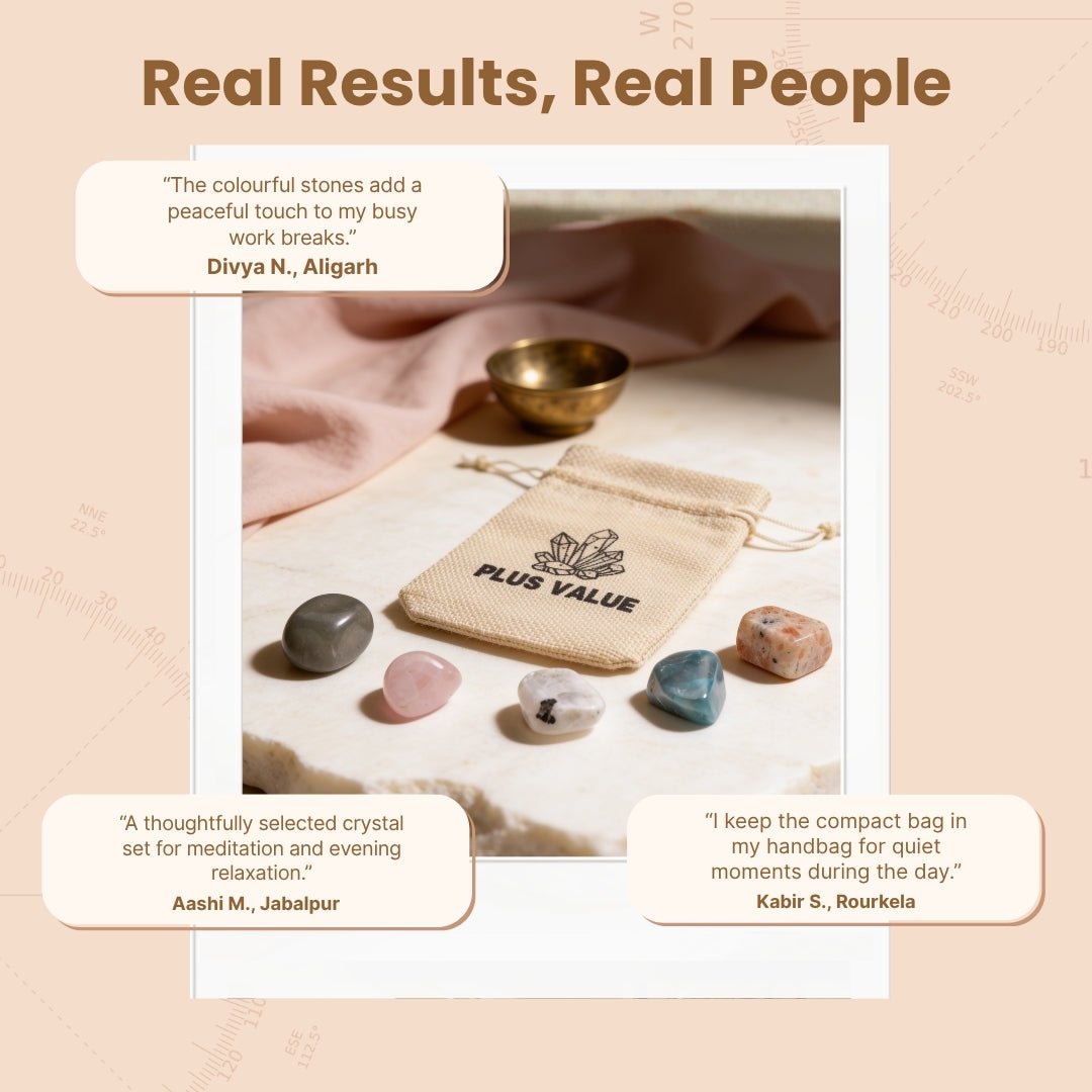 Soft drawstring travel pouch with de-stress healing crystal stones packed for daily use