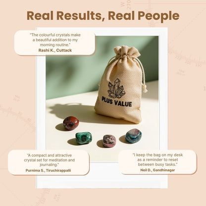 Natural fabric drawstring pouch with detox healing crystal stones packed for daily carry