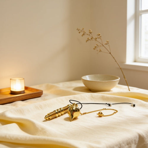 Combo dowsing pendulum set featuring crystal and metallic pendulum tools on delicate chains with faceted fob beads