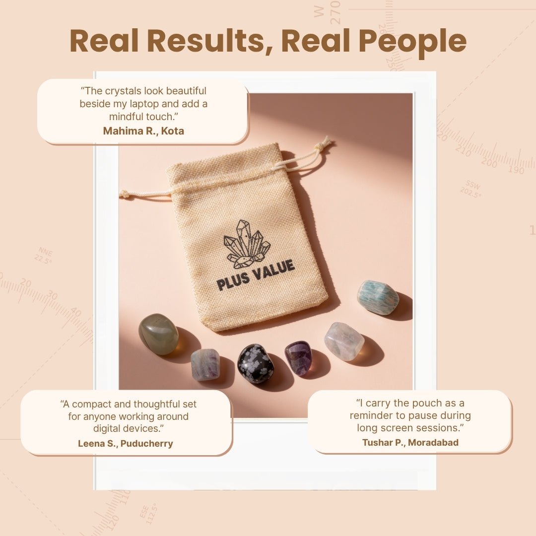 Protective fabric drawstring pouch with EMF defense crystal stones packed for daily travel
