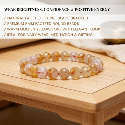 Faceted Citrine Bracelet 8mm for Financial Luck Round Beads For Men and Women - plusvalueindia