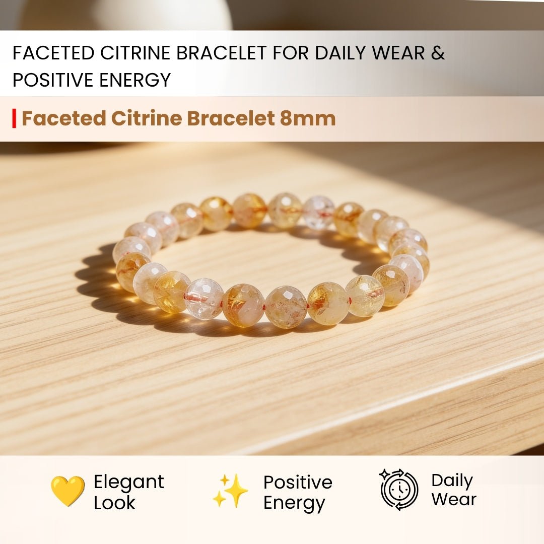 Faceted Citrine Bracelet 8mm for Financial Luck Round Beads For Men and Women - plusvalueindia