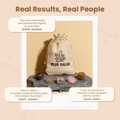 Fabric drawstring storage pouch with fatigue healing pocket stones packed for travel