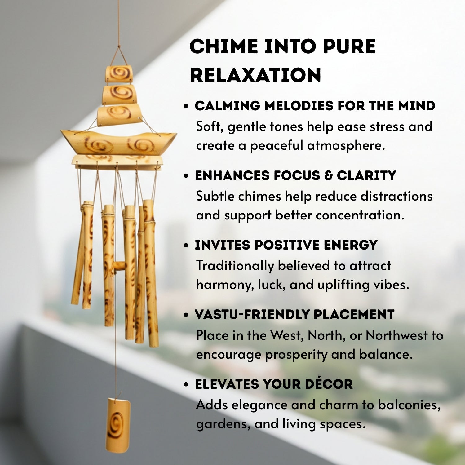 Feng Shui Bamboo Wooden Wind Chime for Home & Office Balcony Decor - Positive Vibrations & Energy - plusvalueindia