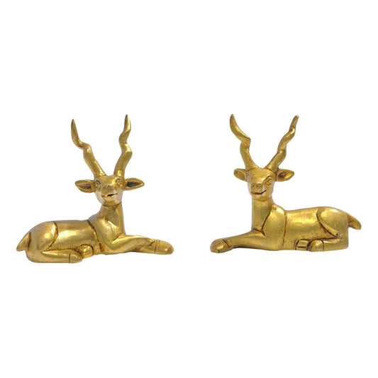 Handcrafted Feng Shui brass deer pair figurine set featuring stag and doe statues in polished golden finish