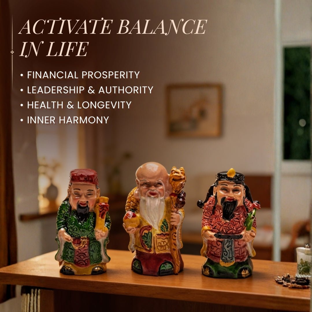 Feng Shui Fuk Luk Sau Trinity of Deities for Health, Wealth & Happiness (2 inch, Miniature, Home Decor Showpiece) - plusvalueindia