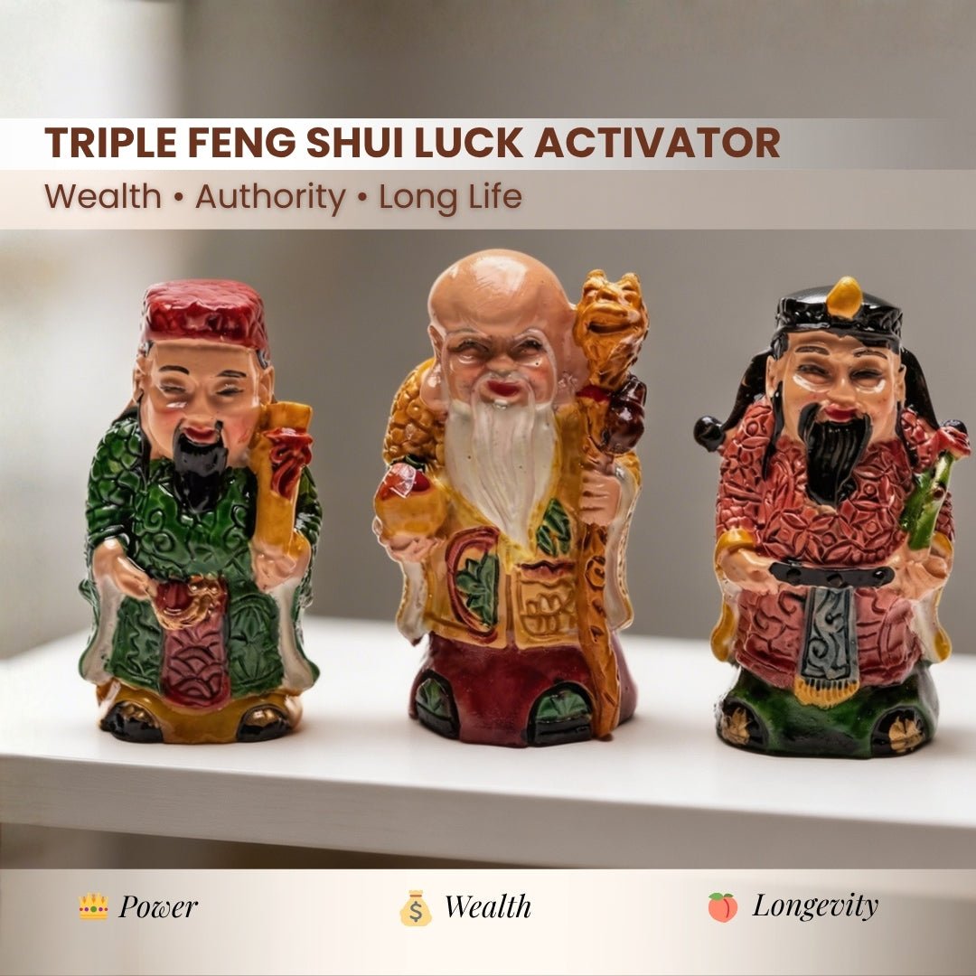 Feng Shui Fuk Luk Sau Trinity of Deities for Health, Wealth & Happiness (2 inch, Miniature, Home Decor Showpiece) - plusvalueindia