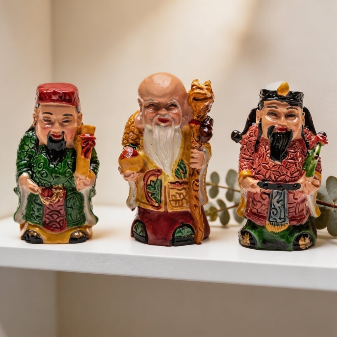 Feng Shui Fuk Luk Sau Trinity of Deities for Health, Wealth & Happiness (2 inch, Miniature, Home Decor Showpiece) - plusvalueindia