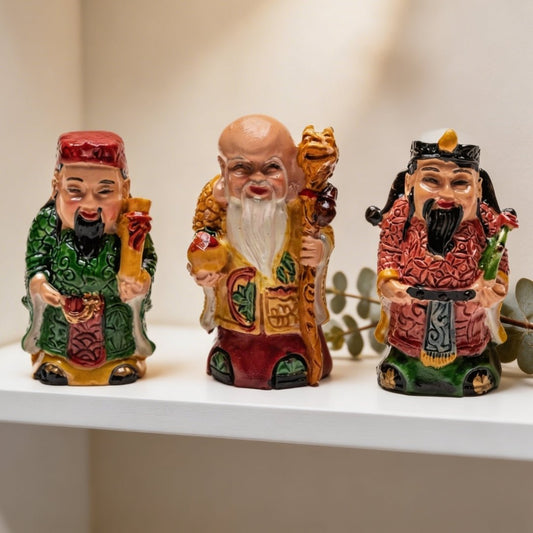 Feng Shui Fuk Luk Sau Trinity of Deities for Health, Wealth & Happiness (2 inch, Miniature, Home Decor Showpiece) - plusvalueindia