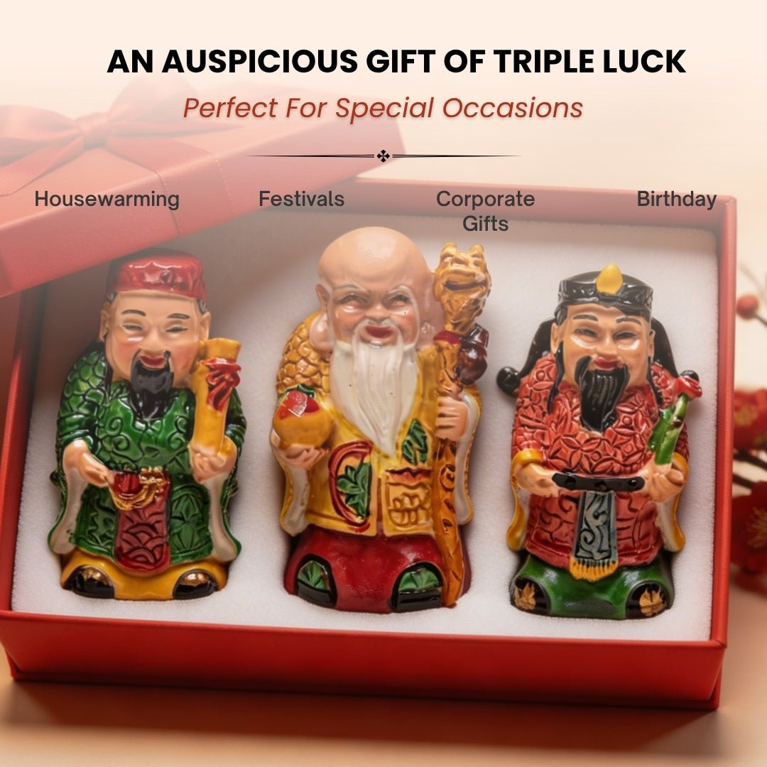 Feng Shui Fuk Luk Sau Trinity of Deities for Health, Wealth & Happiness (2 inch, Miniature, Home Decor Showpiece) - plusvalueindia