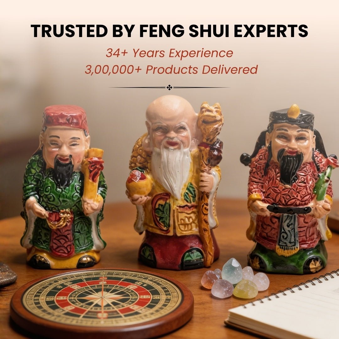 Feng Shui Fuk Luk Sau Trinity of Deities for Health, Wealth & Happiness (2 inch, Miniature, Home Decor Showpiece) - plusvalueindia